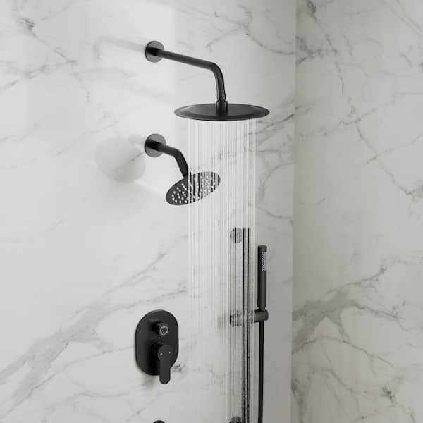 10&6 in. Dual Round Shower Heads Double Handle 3-Spray Tub and Shower Faucet 2.5 GPM in. Matte Black Valve Included