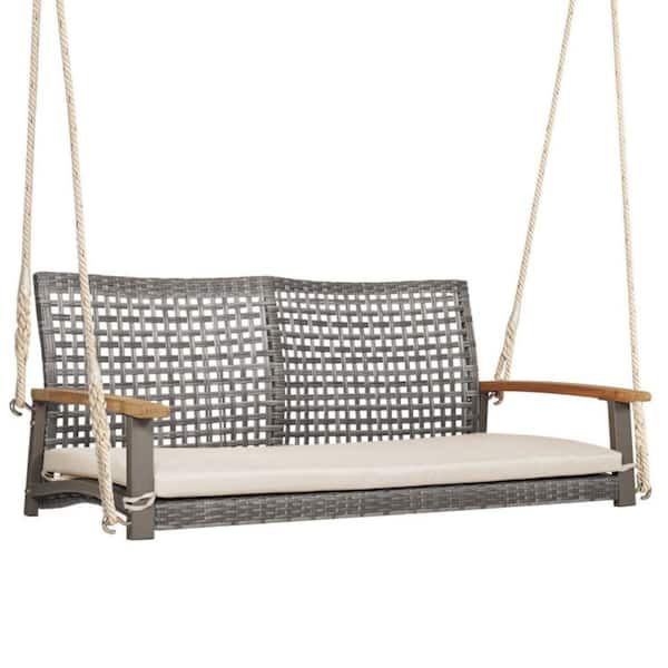 Kadehome 2-Person Wicker Hanging Porch Swing Chair with Cushion in Off White