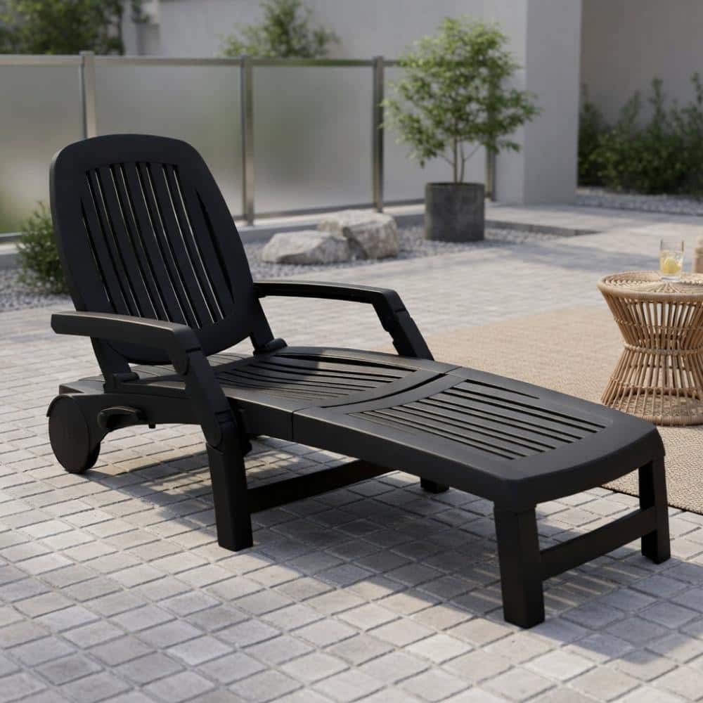 Black Weatherproof Sun Lounger With Rolling Wheels, Portable Outdoor Recliner price history on PriceWatchPro