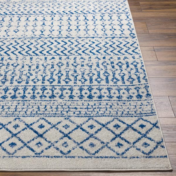 Alois Cream/Royal Blue Geometric 4 ft. x 4 ft. Indoor Round Area Rug