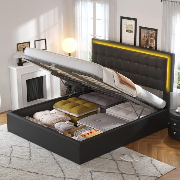 Harper & Bright Designs Button-Tufted Black Wood Frame Queen Size PU Leather Upholstered Platform Bed with Hydraulic Storage System, LED Lights