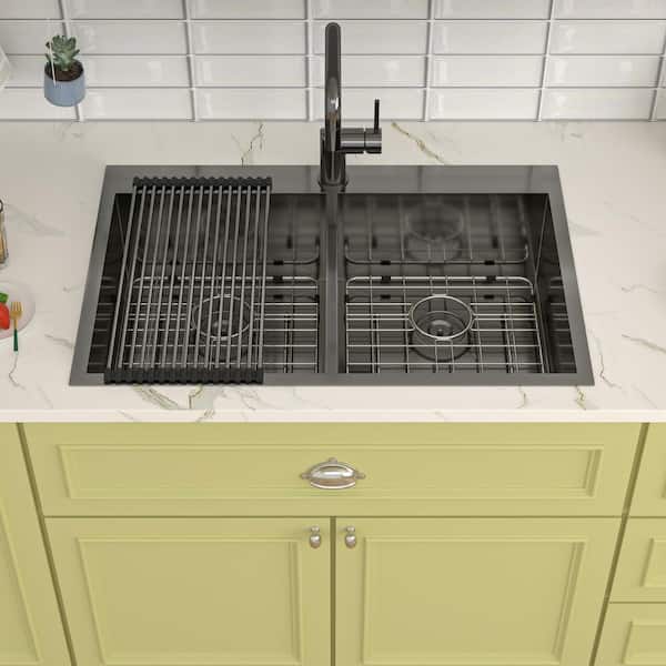 Qidian 33 in. Drop in Double Bowl (50/50) 18-Gauge Gunmetal Black Stainless Steel Kitchen Sink with Bottom Grids