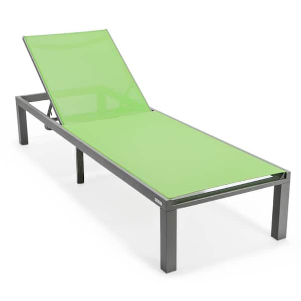 Leisuremod Marlin Outdoor Patio Chaise Lounge Chair in Grey Aluminum Reclining Backrest Mesh Sling Fabric Seat in Green
