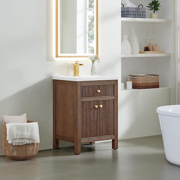 Cerrito 24 in. Single Freestanding Brown Brushed Oak Bath Vanity with White Ceramic Top Assembled