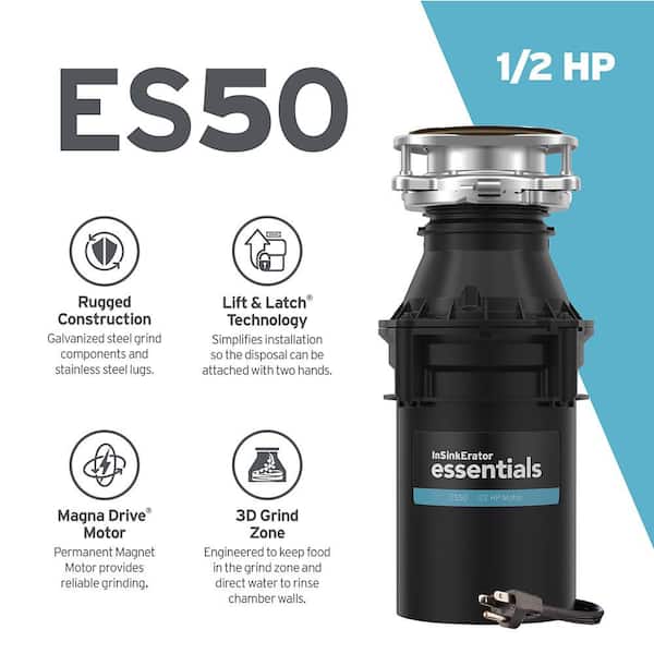 ES50 W/C 1/2 HP Motor Continuous Feed Kitchen Garbage Disposal with Power Cord