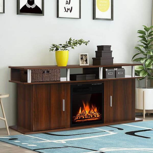 Gymax 63 in. Fireplace TV Stand W/18 in. 1500-Watt Electric Fireplace Fits TV's up to 70 in. Walnut