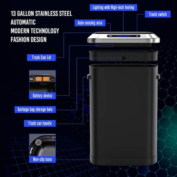 13.2 Gal. Black Smart Automatic Metal Household Trash Can Full