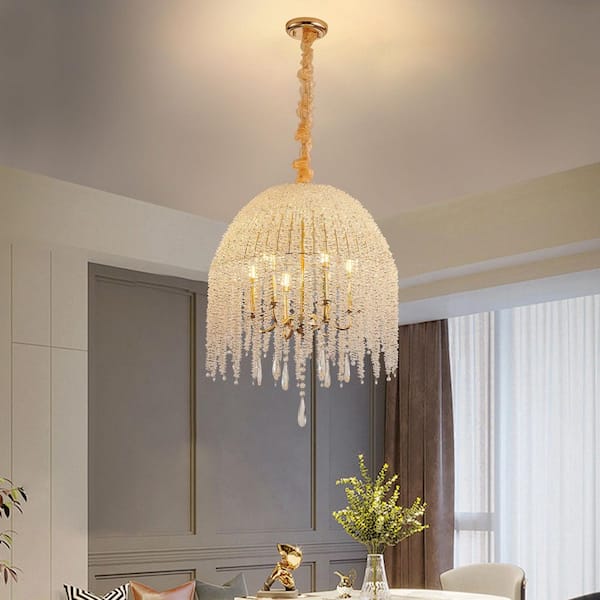 6-Light Gold Crystal Pendant Light Chandelier with Cascading Crystal Bead Strings (Bulb Not Included)