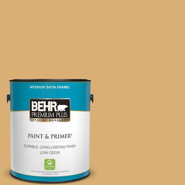 BEHR PREMIUM PLUS 1 gal. Home Decorators Collection #HDC-AC-08 Mustard Field Satin Enamel Low Odor Interior Paint & Primer