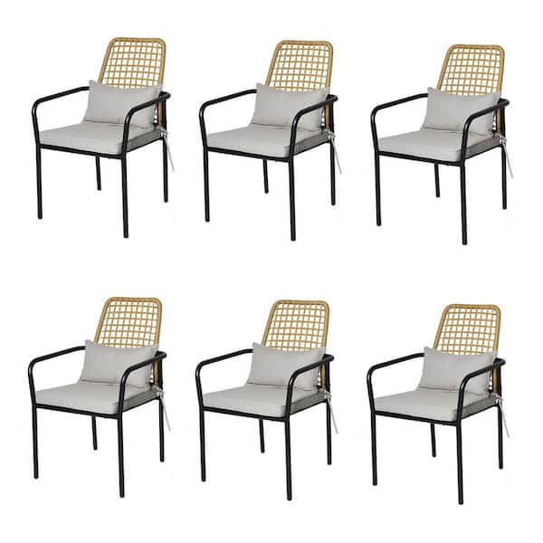 Anmutig Black Rattan Metal Outdoor Dining Chair with Cushion (Set of 6)