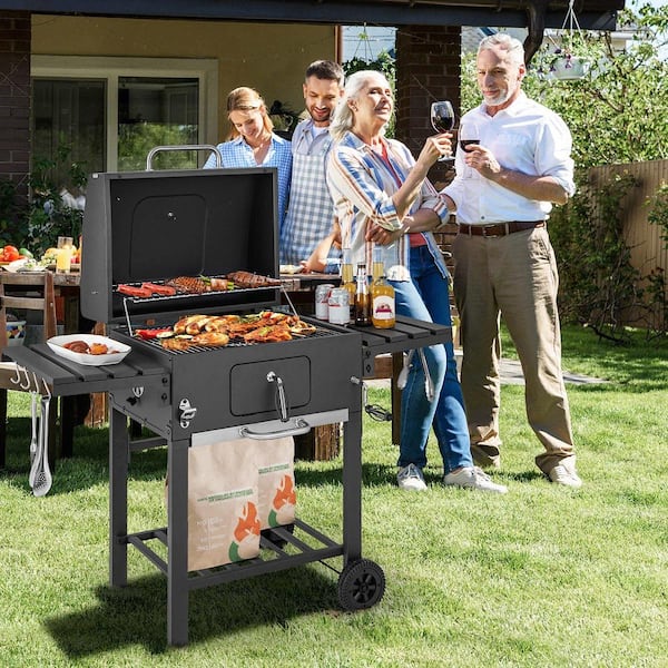 Portable Outdoor Charcoal Grill 391 sq. in . Cooking Area 2 Foldable Side Table BBQ Camping in Black