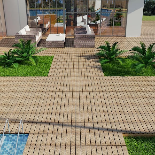 Afoxsos 1 ft. x 1 ft. Wood Plastic Composite Interlocking Deck Tile Set, All-Weather Easy to DIY and Maintain, Teak (22-Pack)
