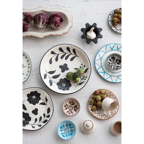 Hand-Painted Black and White Ceramic Floral Appetizer Plate