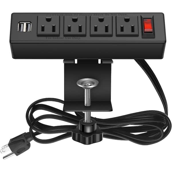 Ahfiwaso 6 ft. Desk Clamp Surge Protector Power Strip, Desktop Power Outlet Clamp Mount with 4 AC Outlets and 2 USB Ports, Black
