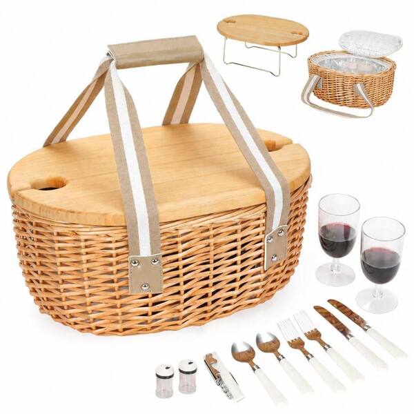 12-Piece Beige Handmade Willow Wicker Picnic Basket Set with Insulated Cooler and Folding Wine Table