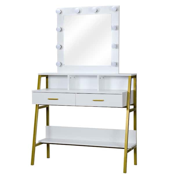 Outo White Mirrored 10 Bulbs Lighted, Lighted Make Up Vanity