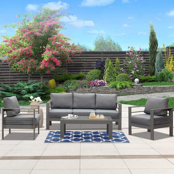 Unbranded 4-Piece Aluminum Patio Conversation Sectional Set with Coffee Table, Outdoor Couch End Side Table Set, Gray Cushions