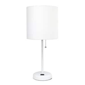 19.5 in. White Stick Lamp with Charging Outlet and Fabric Shade