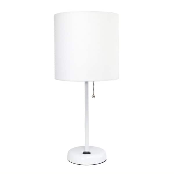Simple Designs 19.5 in. White Stick Lamp with Charging Outlet and Fabric Shade