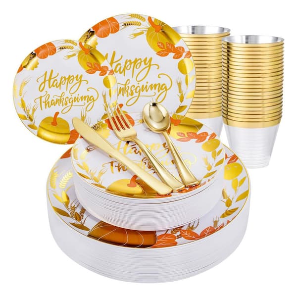 150-Piece Gold Plastic Thanksgiving Dinnerware Set with Plates Forks Knives Spoons Cups Service for 25