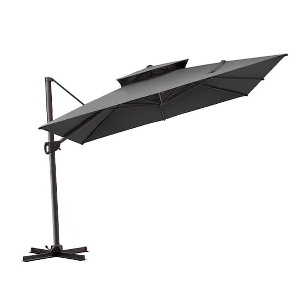 Pellebant Double Top 10.5 ft. Square Aluminum Cantilever 360° Rotation Adjustable Tilt Patio Umbrella in Dark Gray with No Base