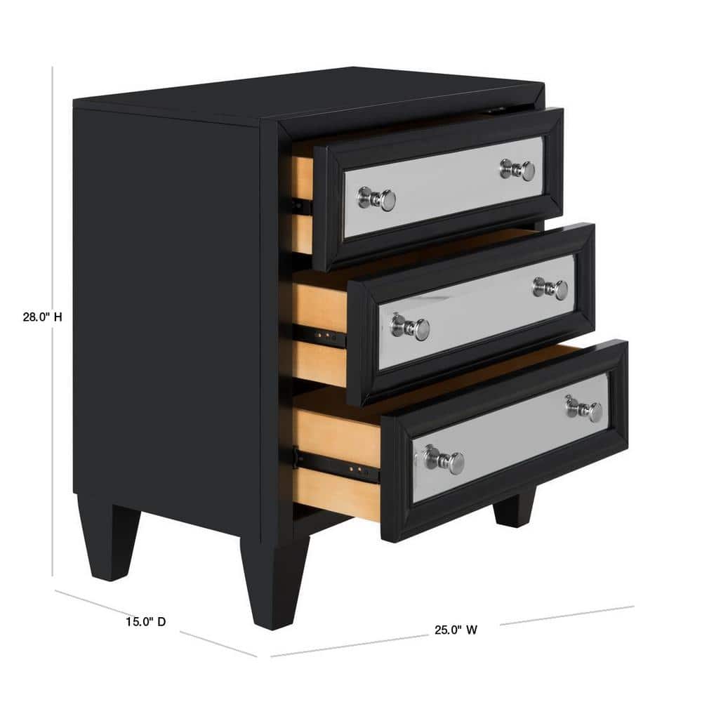 Transitional Black Mirrored 3-Drawer Chest, 25" W