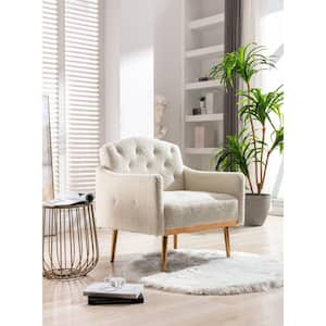 Modern Upholstered Tufted White Teddy Accent Arm Chair with Gold Metal Legs