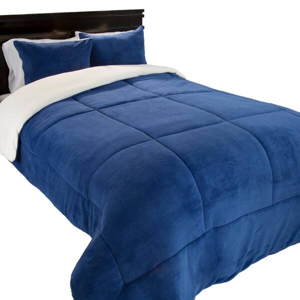 3pc Light L.Blue KING Size sherpa Fleece Comforter Geometric Stitch Blanket Set 
