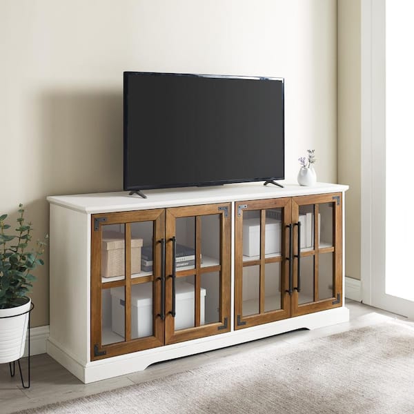 Walker Edison Furniture Company 58 in. Brushed White and Reclaimed Barnwood Wood TV Stand with Glass Windowpane Doors (Max tv size 65 in.)