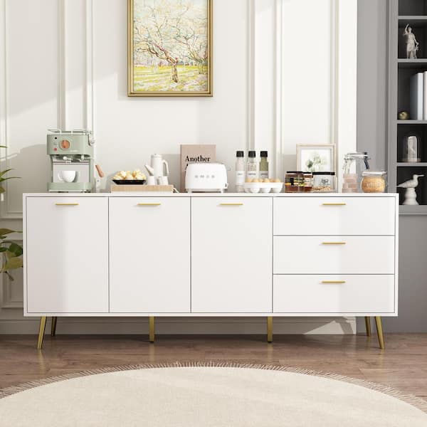 FUFU&GAGA White Wood 70.8 in. Width Wooden Sideboard, Accent Storage Cabinet with 4-Shelves, 3-Drawers and 3-Doors