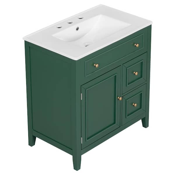 Unbranded 30 in. W x 18.3 in. D x 32.5 in. H Freestanding Bath Vanity in Green with White Porcelain Top, Door, 2-Drawers