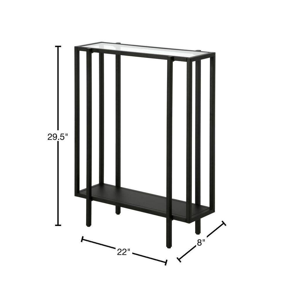 Compact Mid-Century Blackened Bronze and Oak Console Table with Glass Top