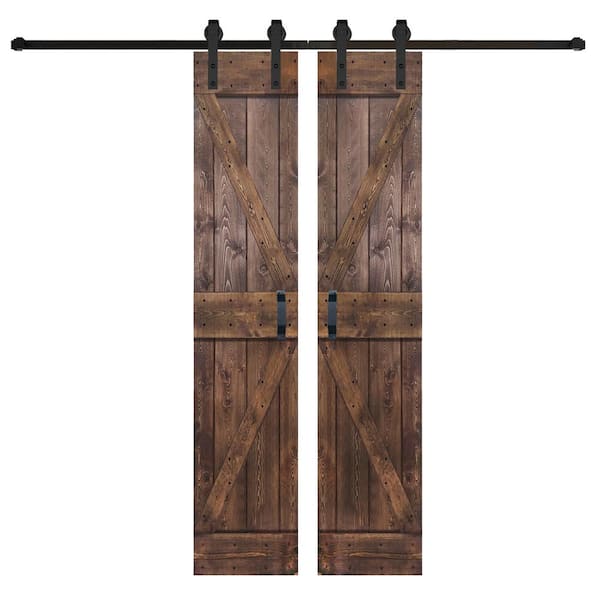 ISLIFE K Series 42 in. x 84 in. Dark Walnut DIY Solid Wood Double Sliding Barn Door with Hardware Kit