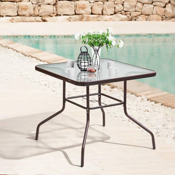 Square Metal Outdoor Dining Table, Outdoor High Top Table With Umbrella
