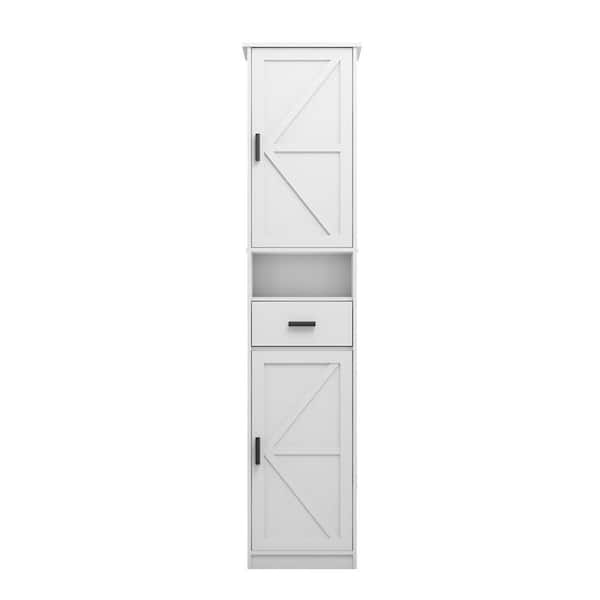 14.56 in. W x 11.22 in. D x 69.29 in. H White Linen Cabinet with 2 Barn Doors and 1 Drawer for Bathroom