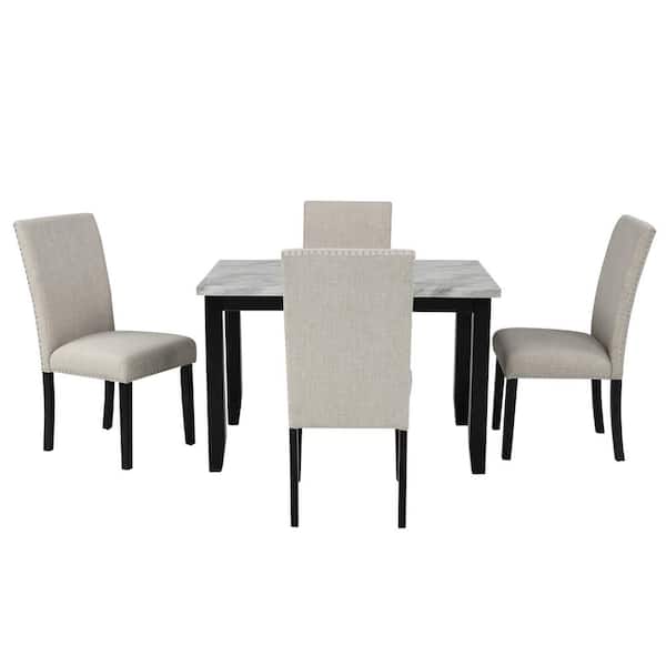 Qualfurn Faux Marble White 5-Piece Dining Set with 4 Thicken Cushion Chairs