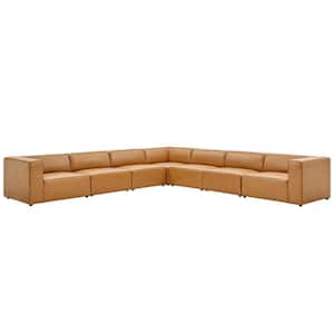 Mingle 7-Piece Tan Faux Leather L-Shaped Symmetrical Sectional Sofa with Elegant Trim Piping
