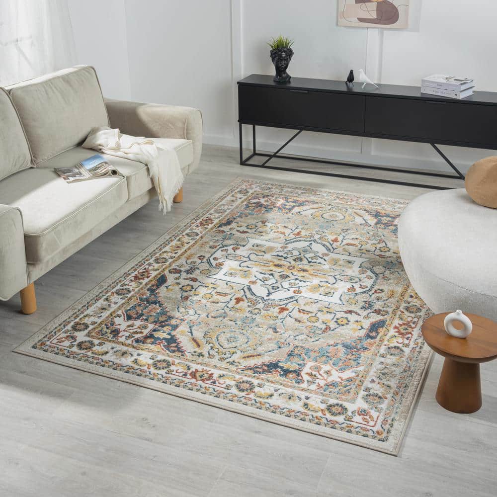 Arcady Ivory and Blue Synthetic Medallion Runner Rug