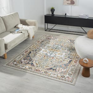 Iviana Ivory/Multicolor 2 ft. 8 in. x 8 ft. Contemporary Power-Loomed Border Rectangle Area Rug