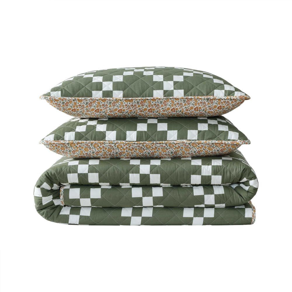 Twin Green and White Cotton Reversible Quilt Set