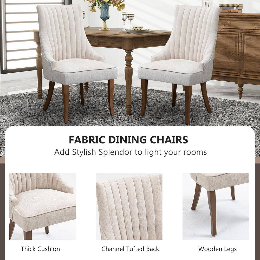 Beige High Back Linen Upholstered Side Chair with Wood Legs