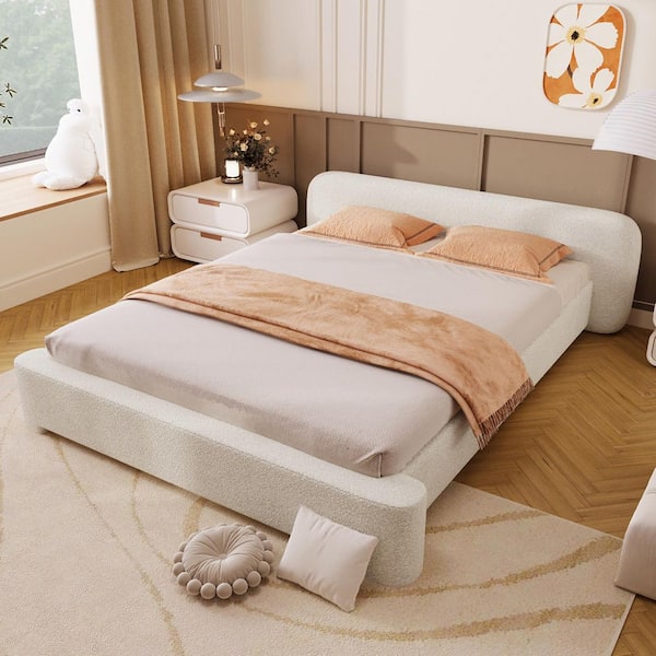 Zephyr Modern White Boucle Fabric Upholstered Wood Frame Queen Size Platform Bed with Headboard