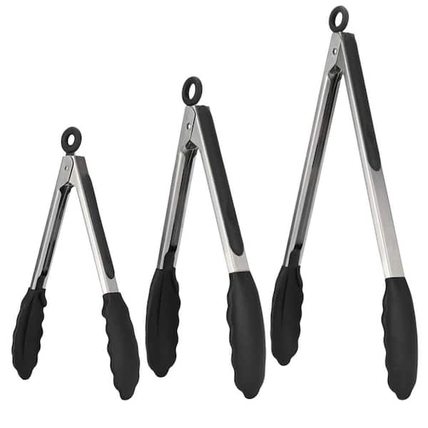 U-Taste 7/9/12 in. Silicone Cooking Tong Set with Rubber Tips and Si-Coated SS Handle, 600ºF Heat Resistant, Black