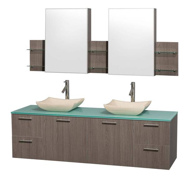 Wyndham Collection Amare 72 in. Double Vanity in Grey Oak with Glass Vanity Top in Aqua and Ivory Marble Sinks