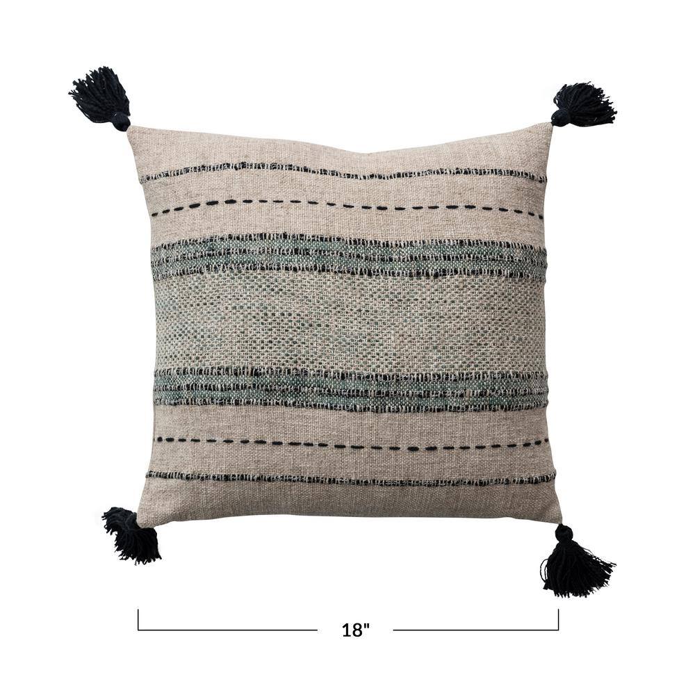 18" Square Natural Cotton Embroidered Pillow with Tassels
