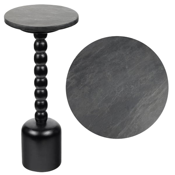 Turner 10 in. Designer Cottage Spindle Wood Column Drink Table with White Marble Round Top, Black