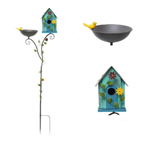 52 in. H Metal Bird Bath, Birdbath Bowl and Birdhouses with Pole for Outside Garden and Yard Decoration, Brown