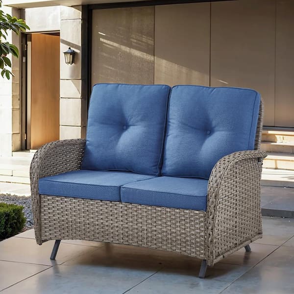 PlainCurve 49.6 in Width 2-Person Metal and Gray Wicker Patio Outdoor Glider Loveseat with Olefin Navy Blue Cushion