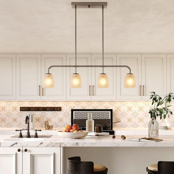 59.7 in. 4-Light Brushed Nickel Linear Island Pendant with White Frosted Glass Shade, No Bulbs Included