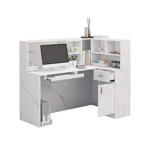 55.9 in. L Shaped Marble Color Wood Executive Desk Reception Computer Writing Desk W/Removable Shelves, Drawer, Cabinet